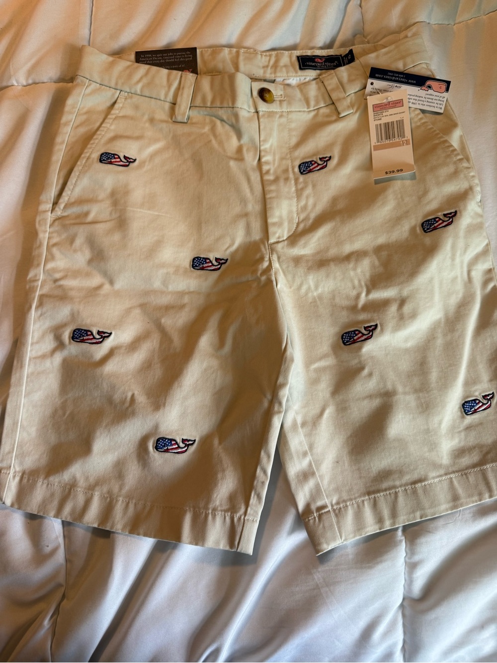 Vineyard Vines Khaki Shorts with American Flag Whale Embroidery